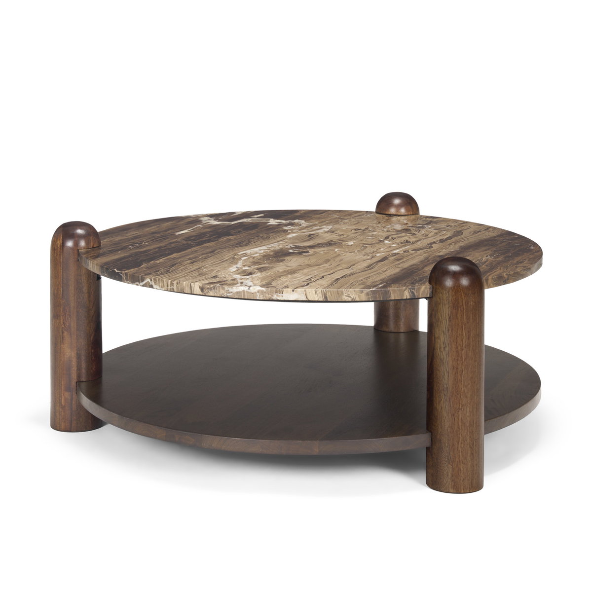 Jovia Brown Mango Wood with Cappuccino Marble Round Coffee Table, by Mercana, 36" length x 36" width x 16" height View 1