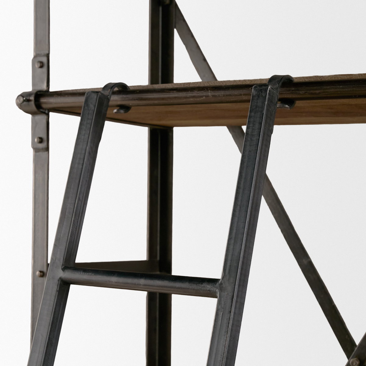 Brodie VII 32L x 22W x 94H Brown Wood Gun-Metal Bracing Four Shelf Shelving Unit, Shelving & Bookcase by Mercana, 31.5" length x 21.5" width x 94" height View 12