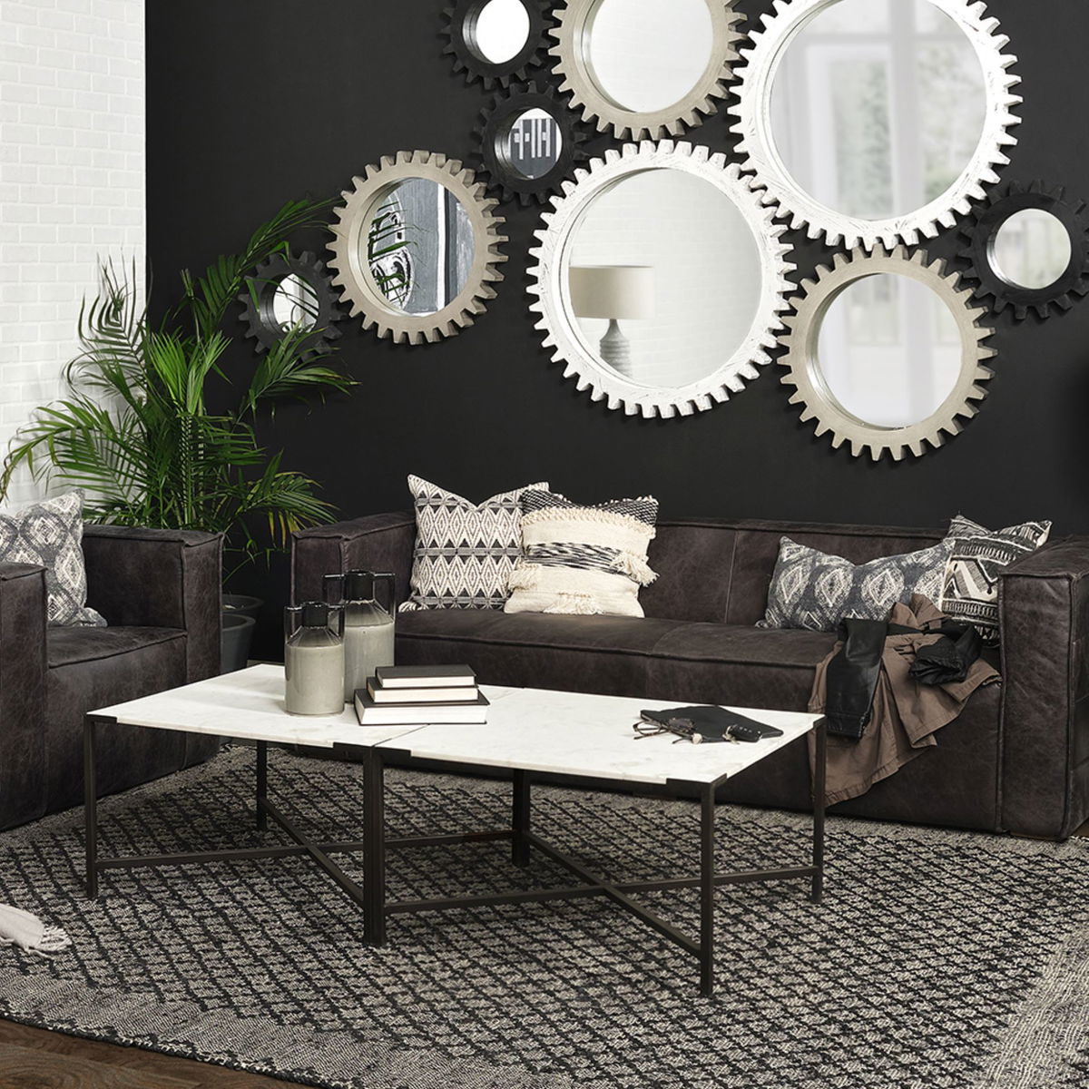 Lucas 30x30 White Marble Top Black Metal Base Coffee Table, by Mercana, 30" length x 30" width x 17" height View 2