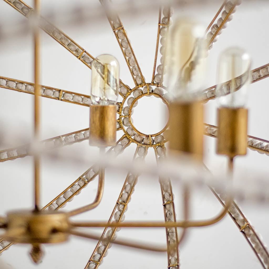 Ava White (34'D) Gold Metal and White Wood Beaded Six Bulb Chandelier, by Mercana, 34" length x 34" width x 34" height View 7