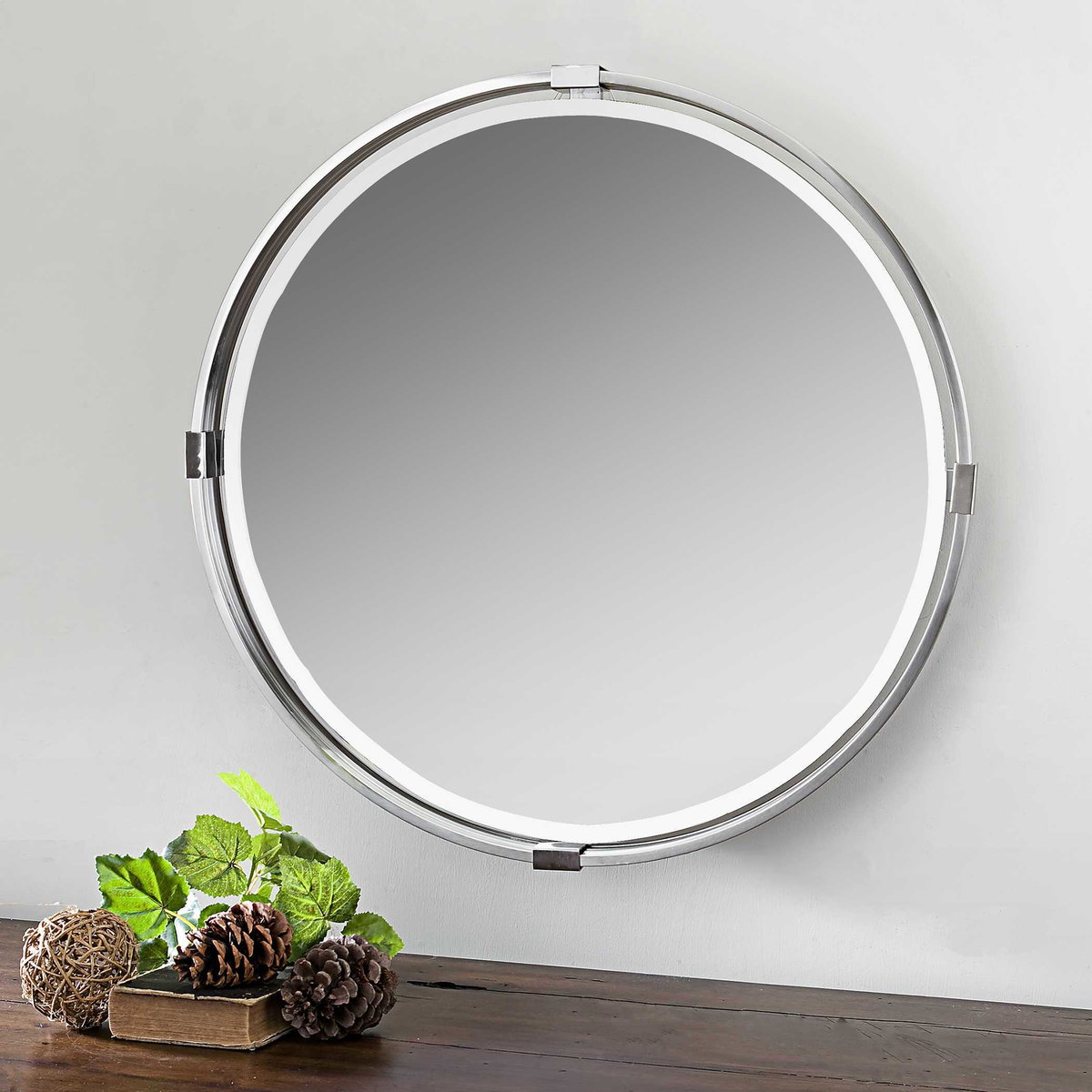 Tazlina Brushed Nickel Round Mirror, by Uttermost, 29.5" width x 29.5" height x 2" depth View 4