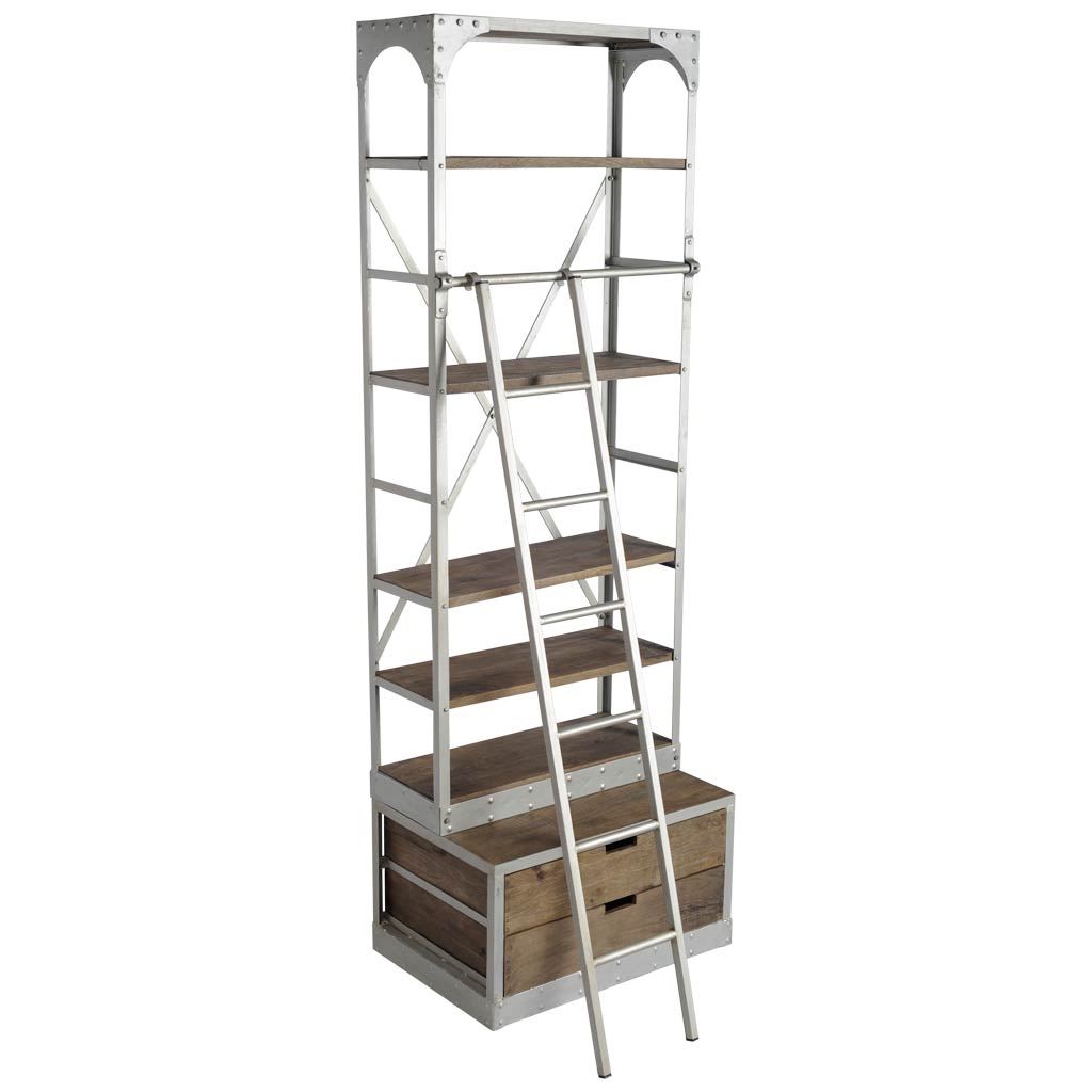 Brodie III 32L x 22W x 94H  Medium Brown Wood Silver Accent Four Shelf Shelving Unit, Shelving & Bookcase by Mercana, 31.5" length x 21.5" width x 94" height View 1
