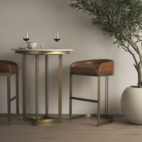 Hollyfield 20.5L x 19.75W x 32.75H Brown Leather Seat Gold Metal Base Bar Stool
