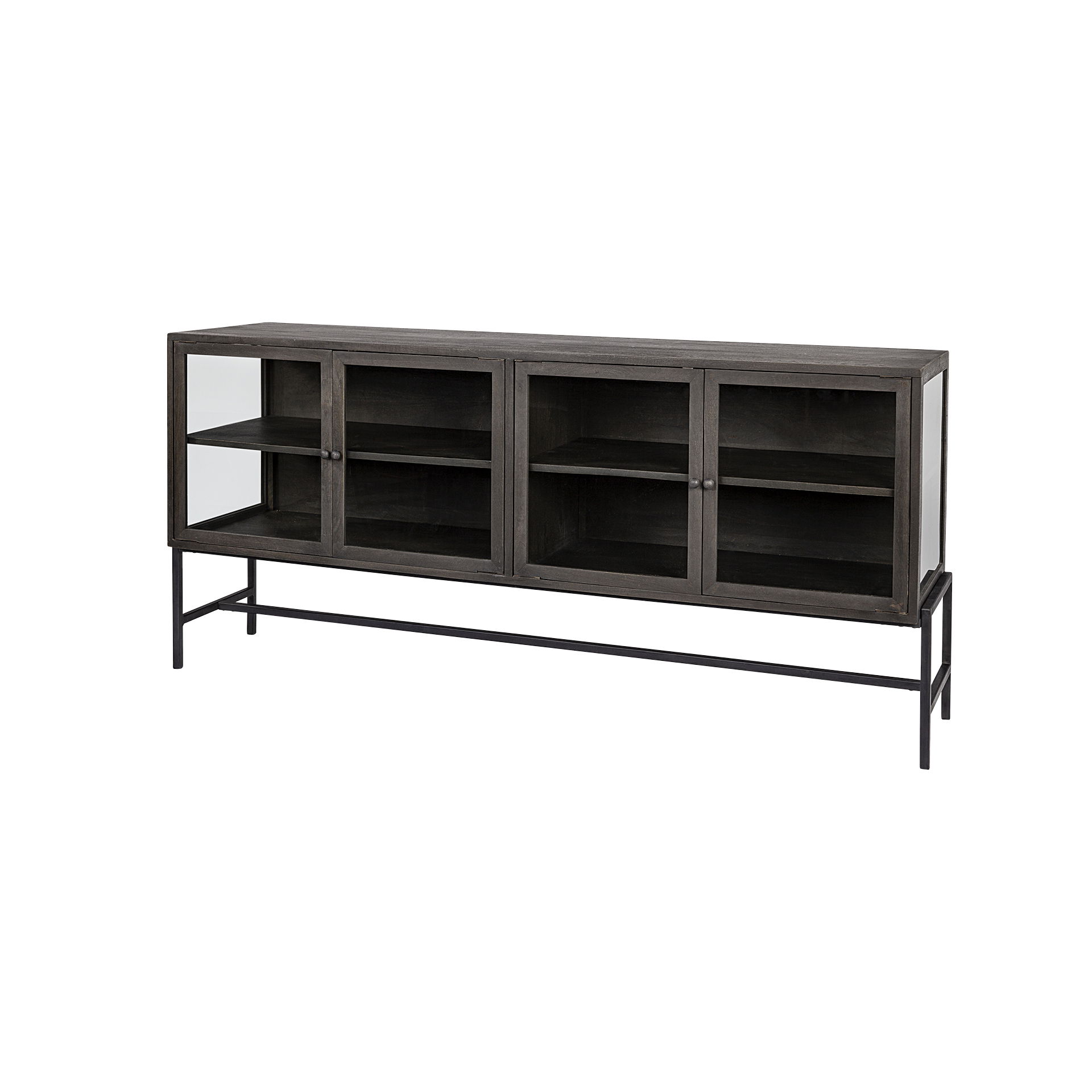 Arelius 70L x 18.75W x 32H Black-Brown Wood, Black Metal Base with 4 Glass Cabinet Doors Sideboard, Sideboards & Buffet by Mercana, 70" length x 18.75" width x 32" height View 1