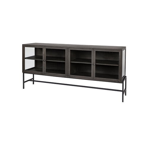 Arelius 70L x 18.75W x 32H Black-Brown Wood, Black Metal Base with 4 Glass Cabinet Doors Sideboard