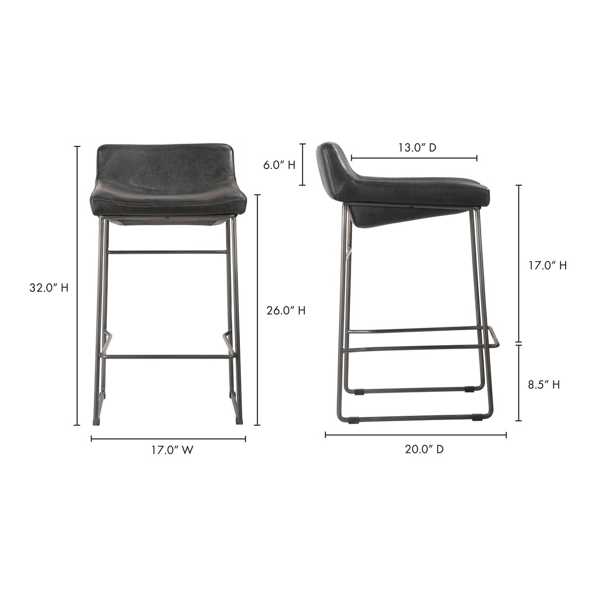Starlet Counter Stool Onyx Black Leather - Set Of Two, Counter & Bar Stool by Moe's Home, 17" width x 32" height x 20" depth View 13