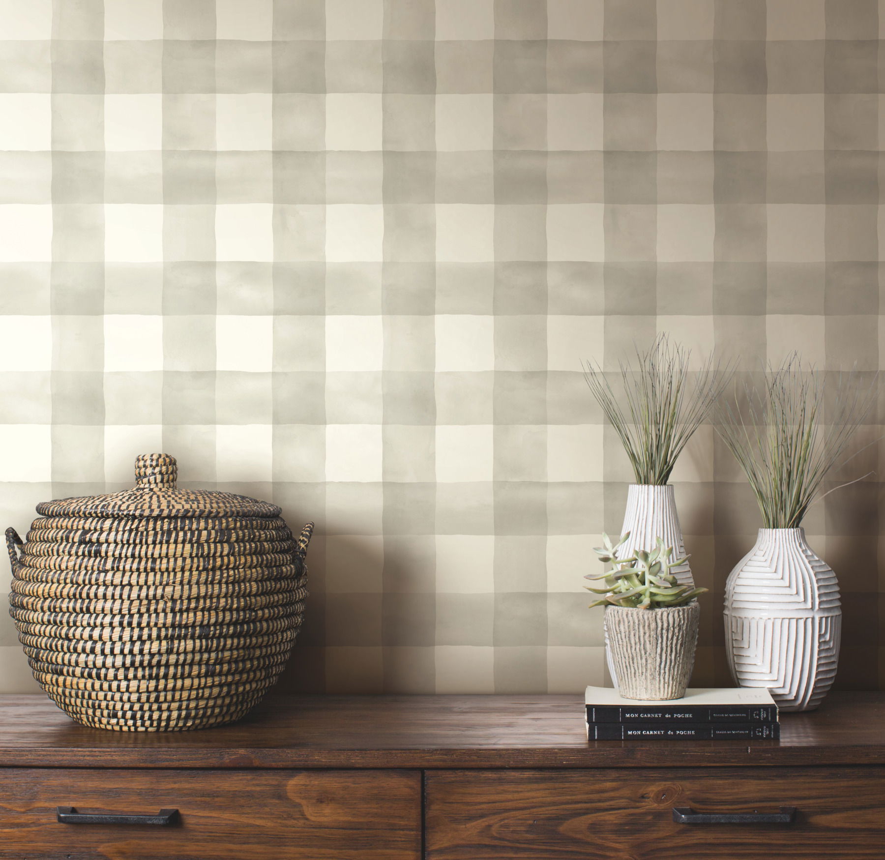 Watercolor Check Grey & White Wallpaper large image 
