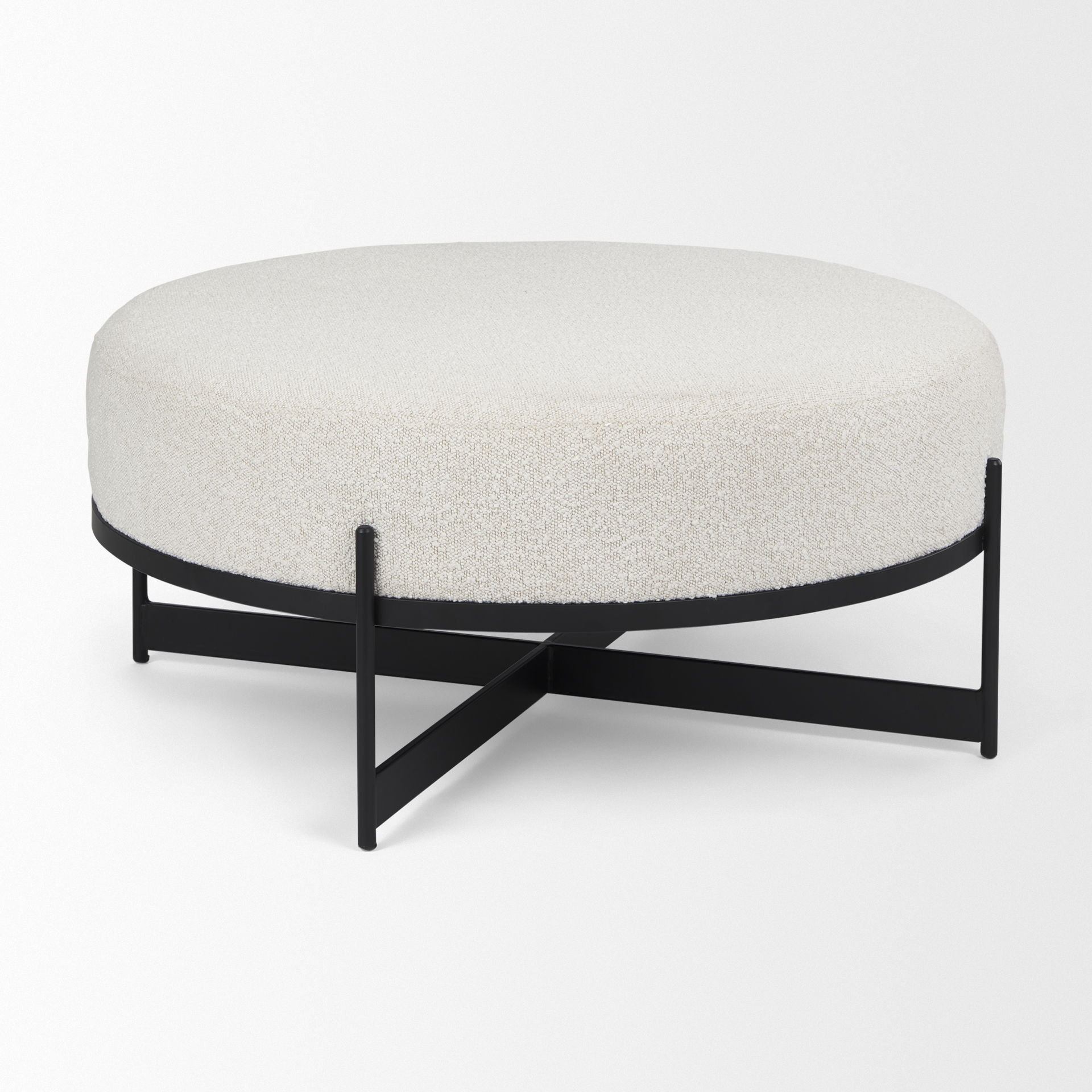 Amelia  Cream Boucle with Black Metal Upholstered Ottoman, by Mercana, 35.83" length x 35.83" width x 17.5" height View 5