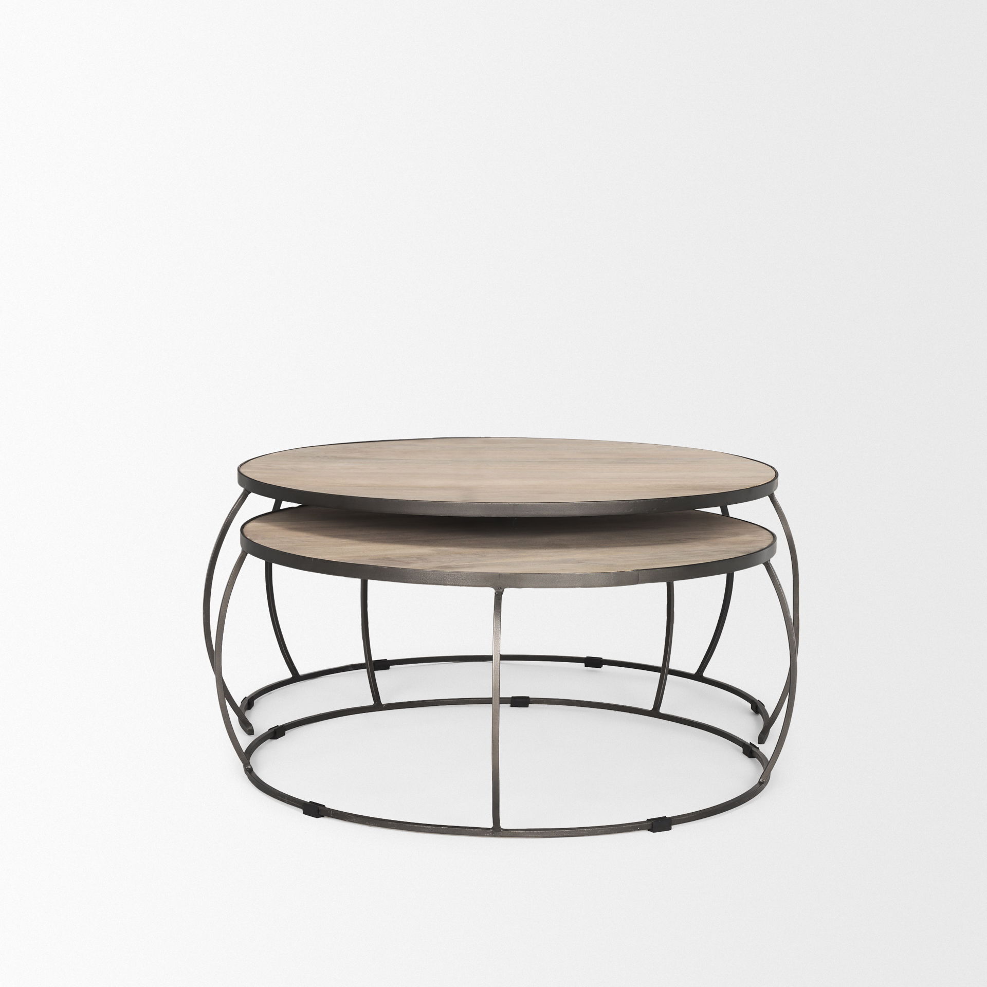 Clapp Round Light Brown with White Wash Wood and Silver Metal Nesting Coffee Tables (Set of 2), by Mercana, 44" length x 44" width x 20" height View 5