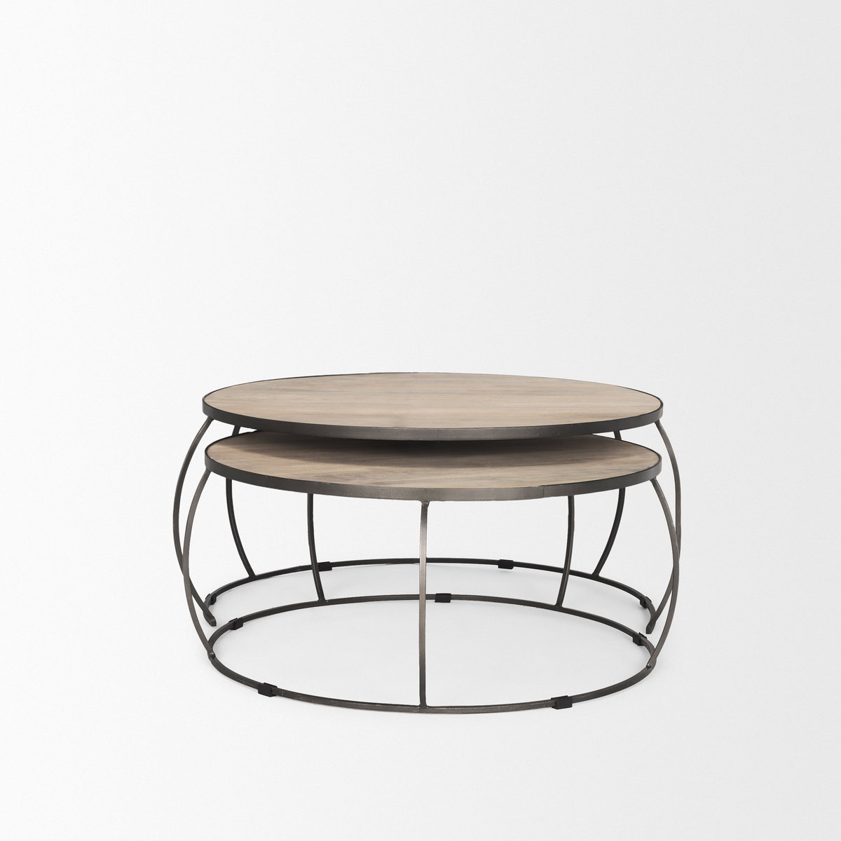 Clapp Round Light Brown with White Wash Wood and Silver Metal Nesting Coffee Tables (Set of 2), by Mercana, 44" length x 44" width x 20" height View 5