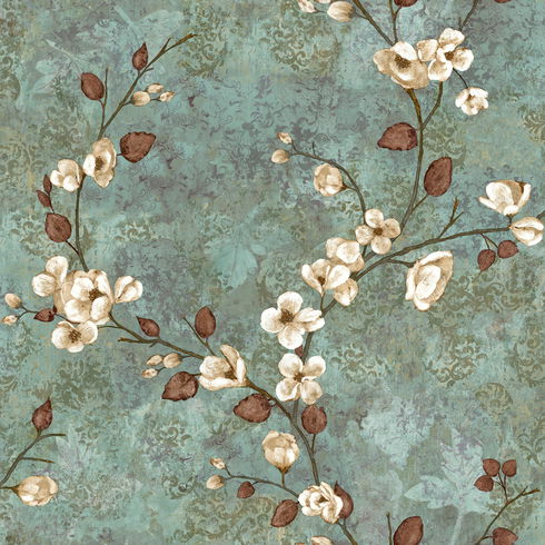Dogwood Teal & Dark Brown Wallpaper