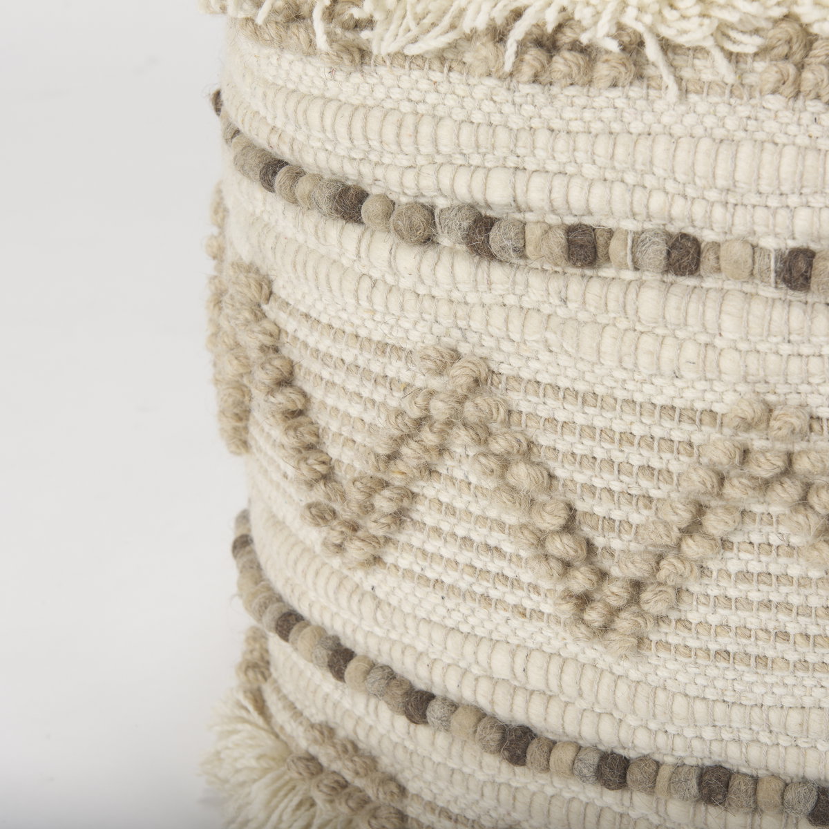 Caela Beige/Brown Wool, Cotton and Felt Popcorn Stitch Square Pouf, Ottoman by Mercana, 18" length x 18" width x 18" height View 6
