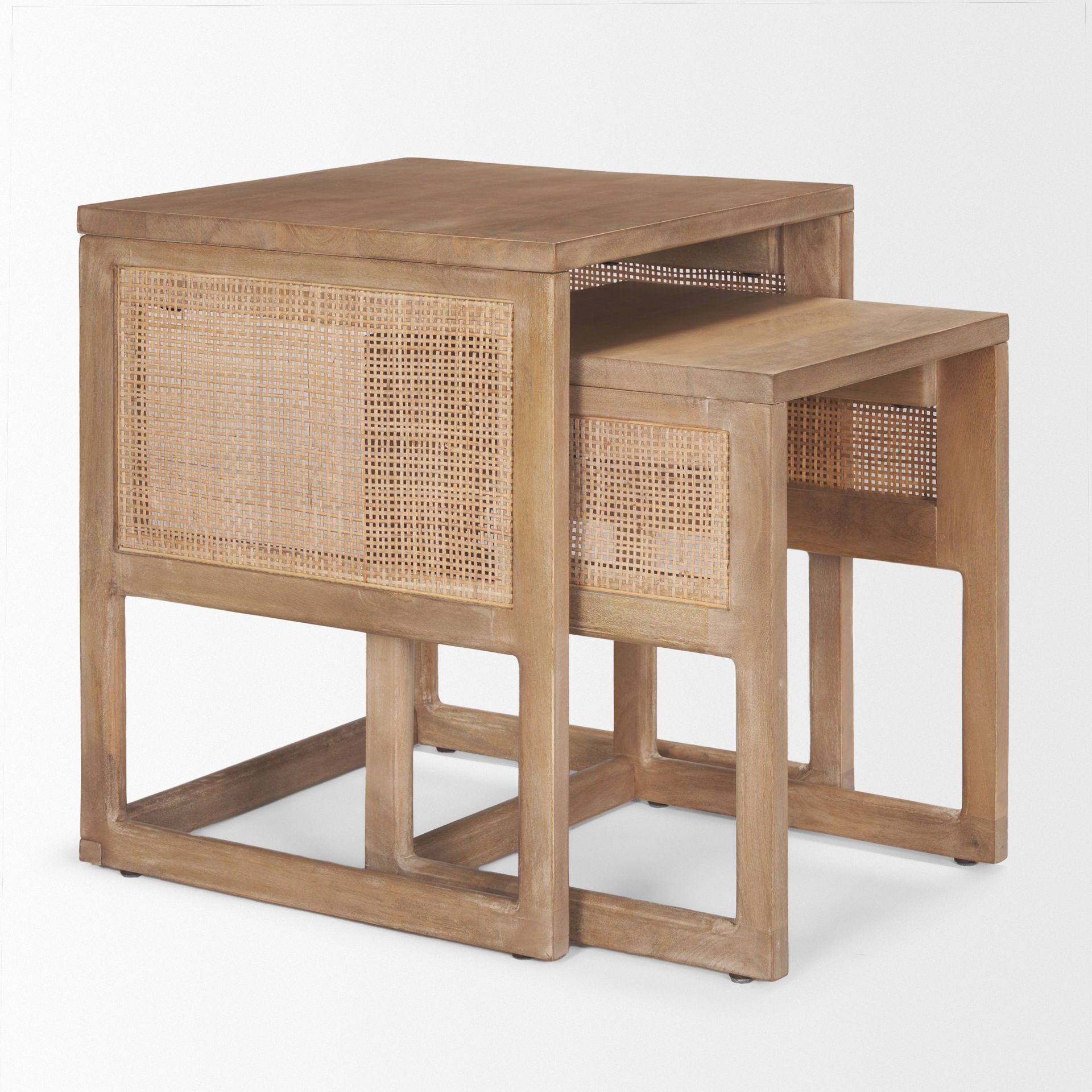 Grier Set of 2 Light Brown Solid Wood with Cane Nesting Accent Tables large image 