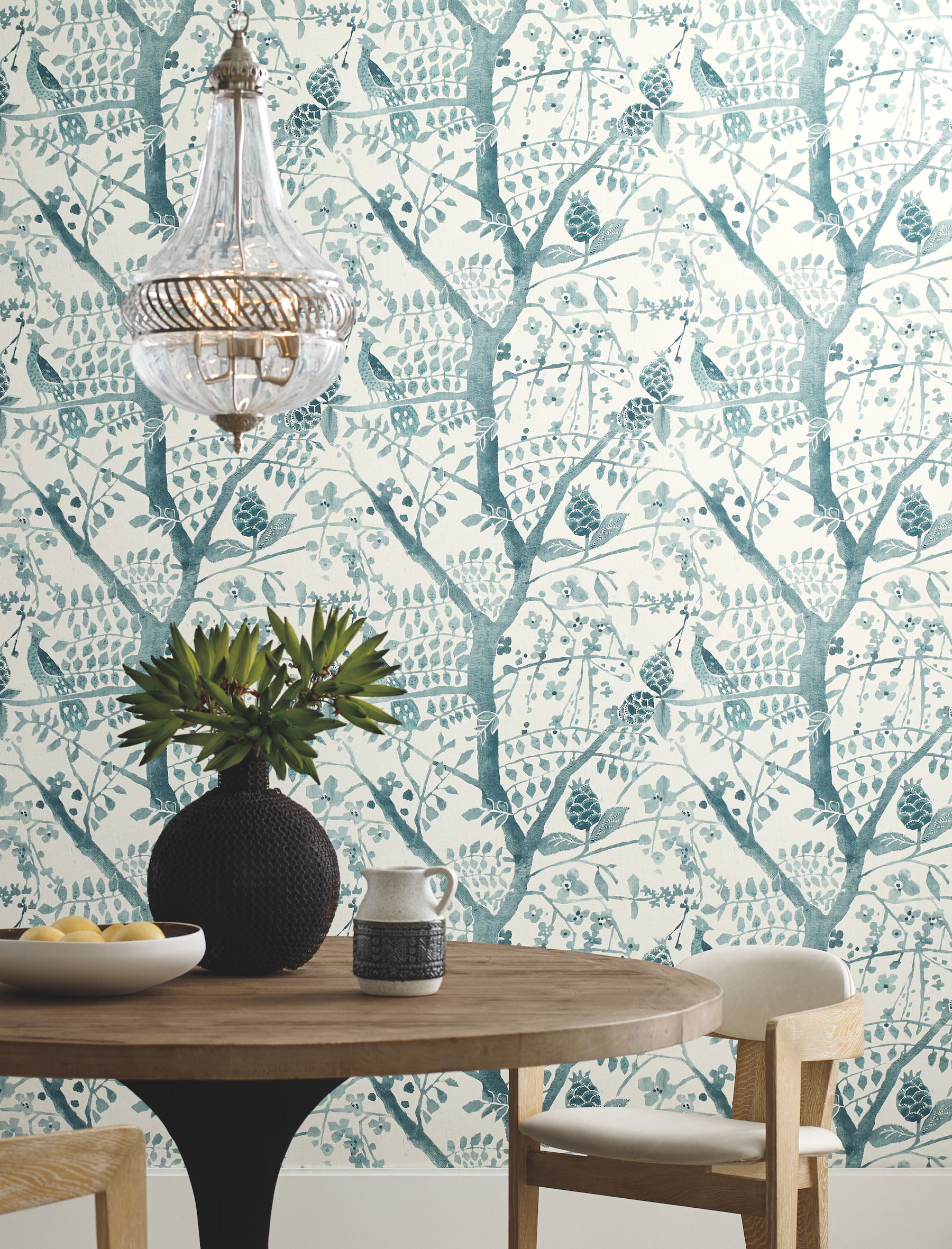 Peacock Block Print Teal Wallpaper large image 