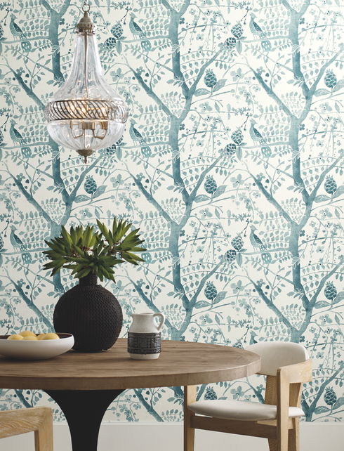 Peacock Block Print Teal Wallpaper