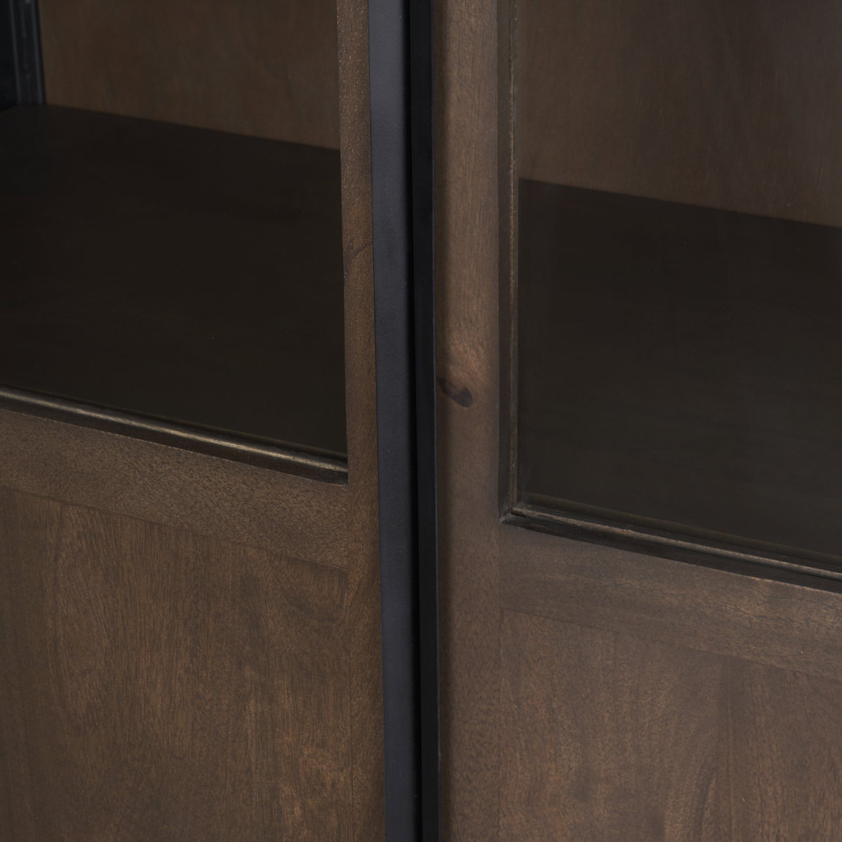 Sloan 42W x 80H Dark Brown Wood with Black Metal Arched Curio Cabinet, Cabinets & Sideboard by Mercana, 42" length x 18.5" width x 80" height View 15
