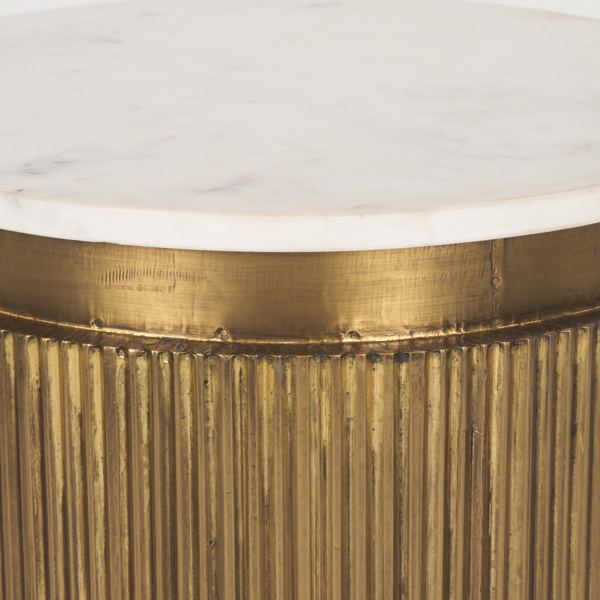 Satima White Marble with Gold Metal Round Fluted Accent Table, Side & End Table by Mercana, 16" length x 16" width x 22.25" height View 6