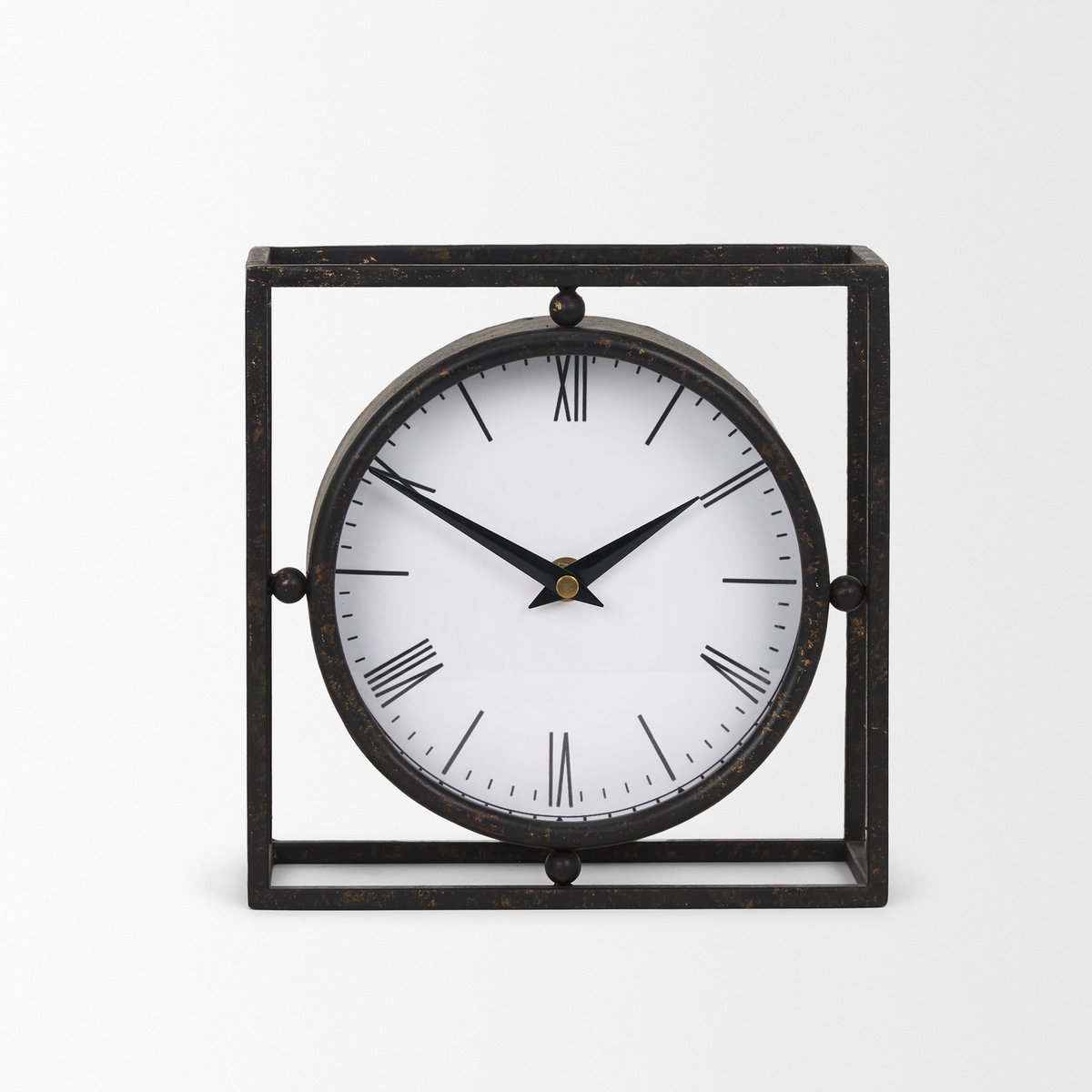 Raisa Black with Gold Antiquing Metal Table Clock, by Mercana, 3.05" length x 1.28" width x 3.05" height View 4