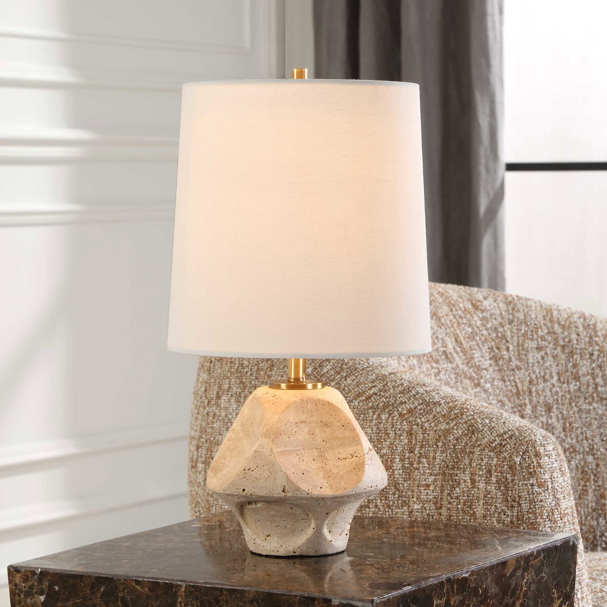 Indent Travertine Accent Lamp, by Uttermost, 9" width x 16.25" height x 9" depth View 2