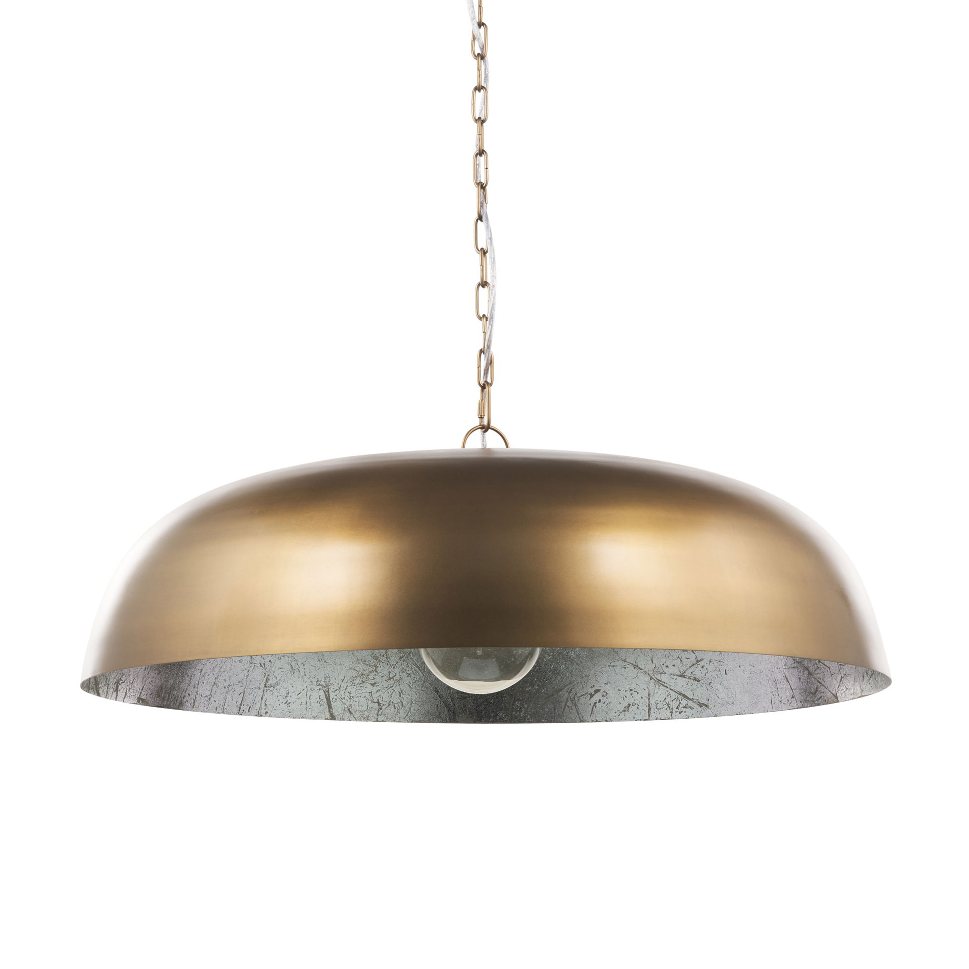 Sanne Antiqued Gold Metal with Silver Foil Wide Pendant Light, by Mercana, 30" length x 30" width x 10.5" height View 1