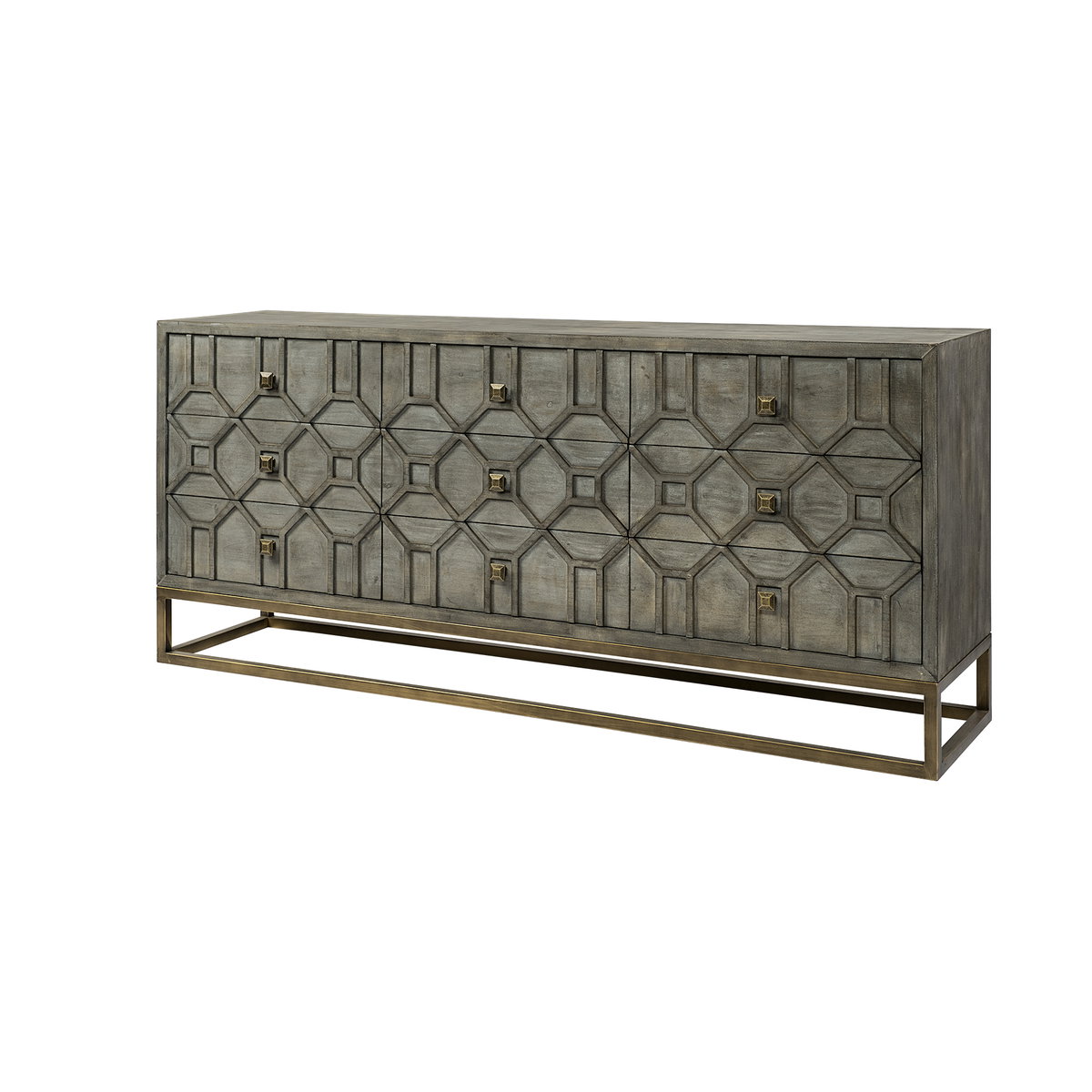 Genevieve II 70x15.8 Gray Fir Veneer with Gold Metal Frame Base 9 Drawer Sideboard, Sideboards & Buffet by Mercana, 70" length x 15.75" width x 31" height View 1