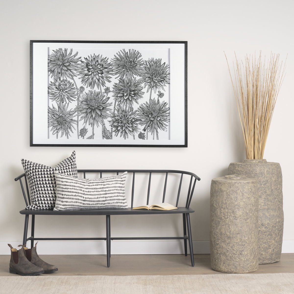 Jolie 22x22 Cream with Black Print Linen Square Pillow Cover, Decorative Pillow by Mercana, 22" length x 22" width x 0.2" height View 2