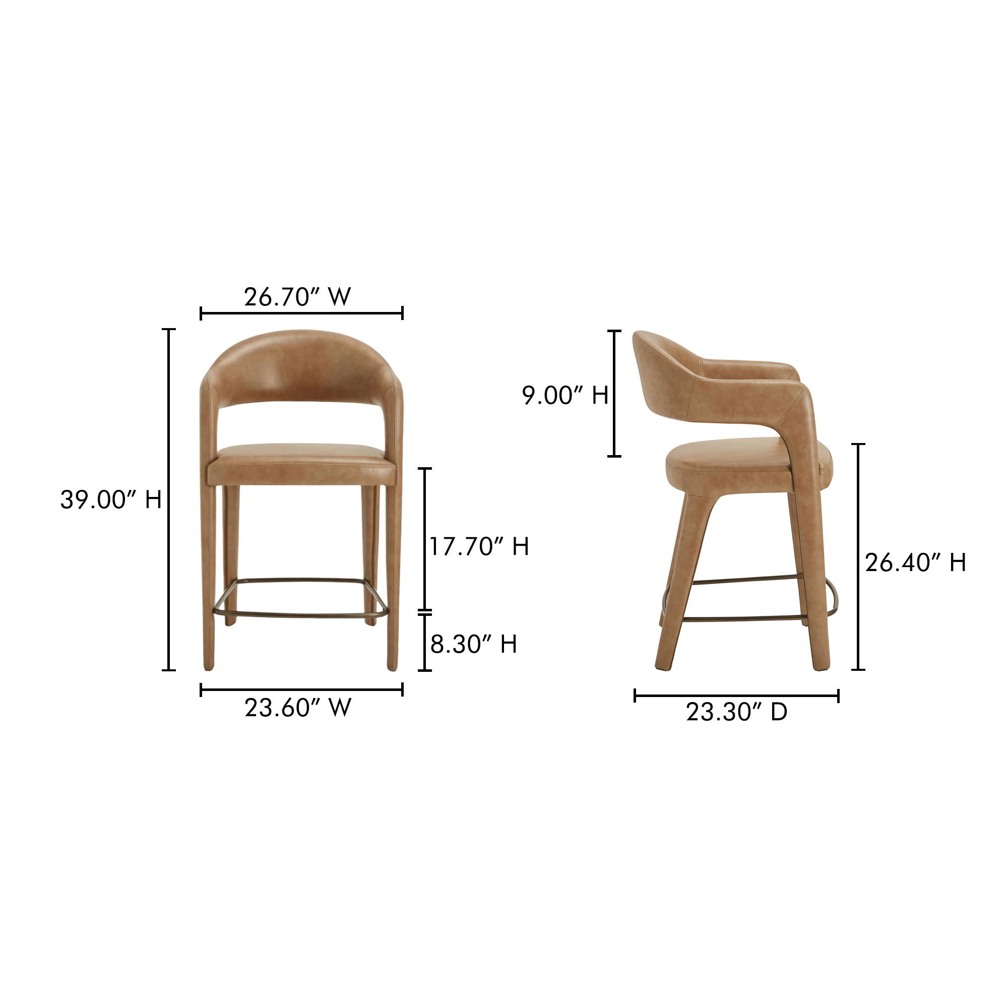 Martens Counter Stool Brown Leather, Counter & Bar Stool by Moe's Home, 23.6" width x 39" height x 23.3" depth View 7
