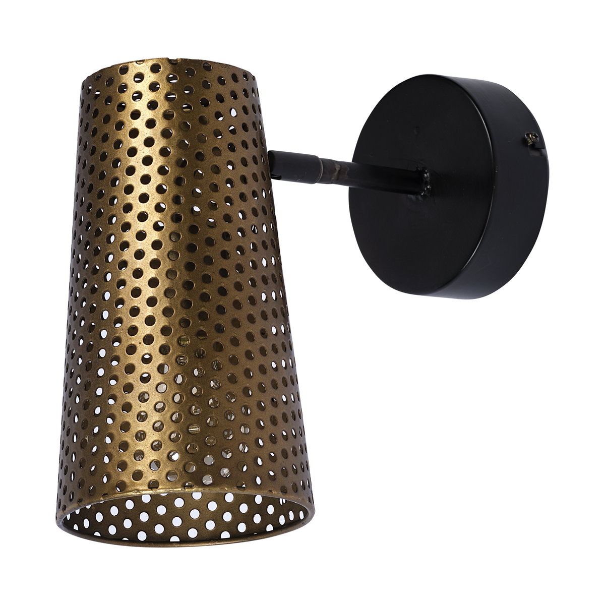 Wesley I 11x10.2 Gold Toned Perforated Metal Cone Wall Sconce, by Mercana, 11.02" length x 5.12" width x 10.24" height View 1