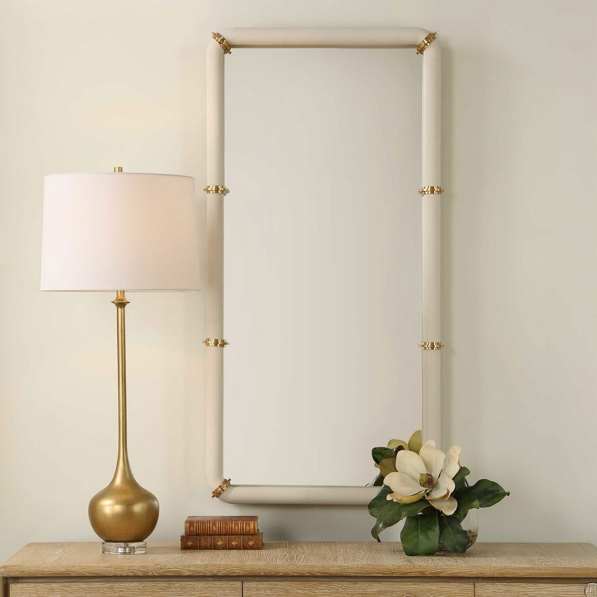 Cyprus White Leather Mirror, by Uttermost, 22" width x 44" height x 2.5" depth View 2
