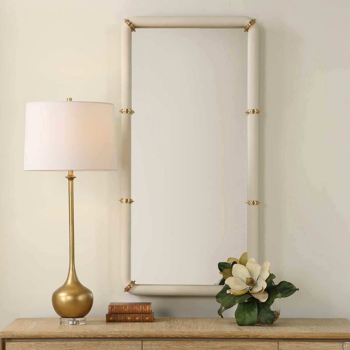 Cyprus White Leather Mirror, by Uttermost, 22" width x 44" height x 2.5" depth View 2