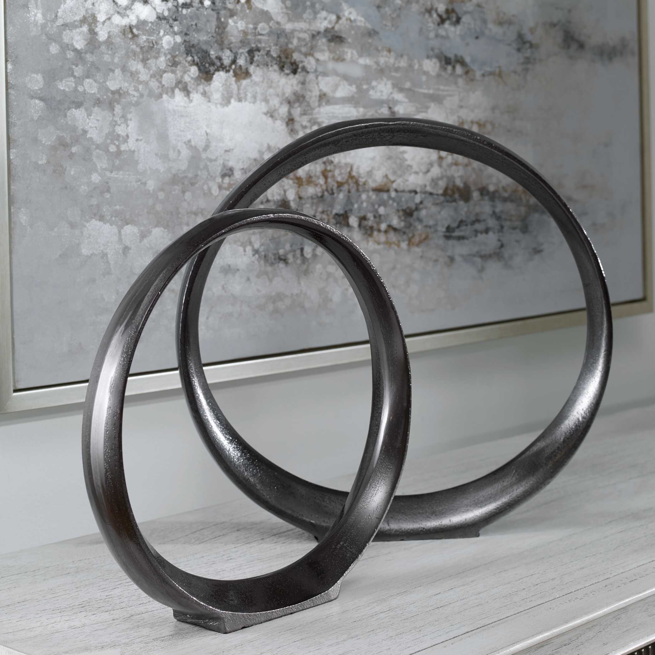 Orbits Black Ring Sculptures Set/2, Decorative by Uttermost, 14.25" width x 14" height x 2" depth View 3