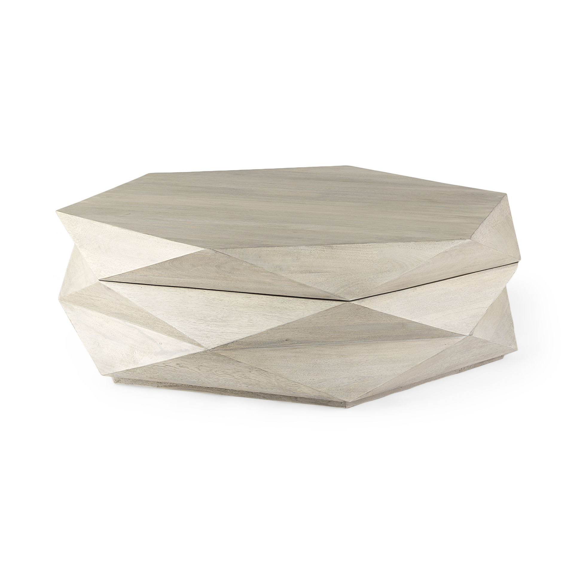 Arreto Natural Solid Wood Hexagonal Storage Coffee Table, by Mercana, 48" length x 48" width x 15" height View 1