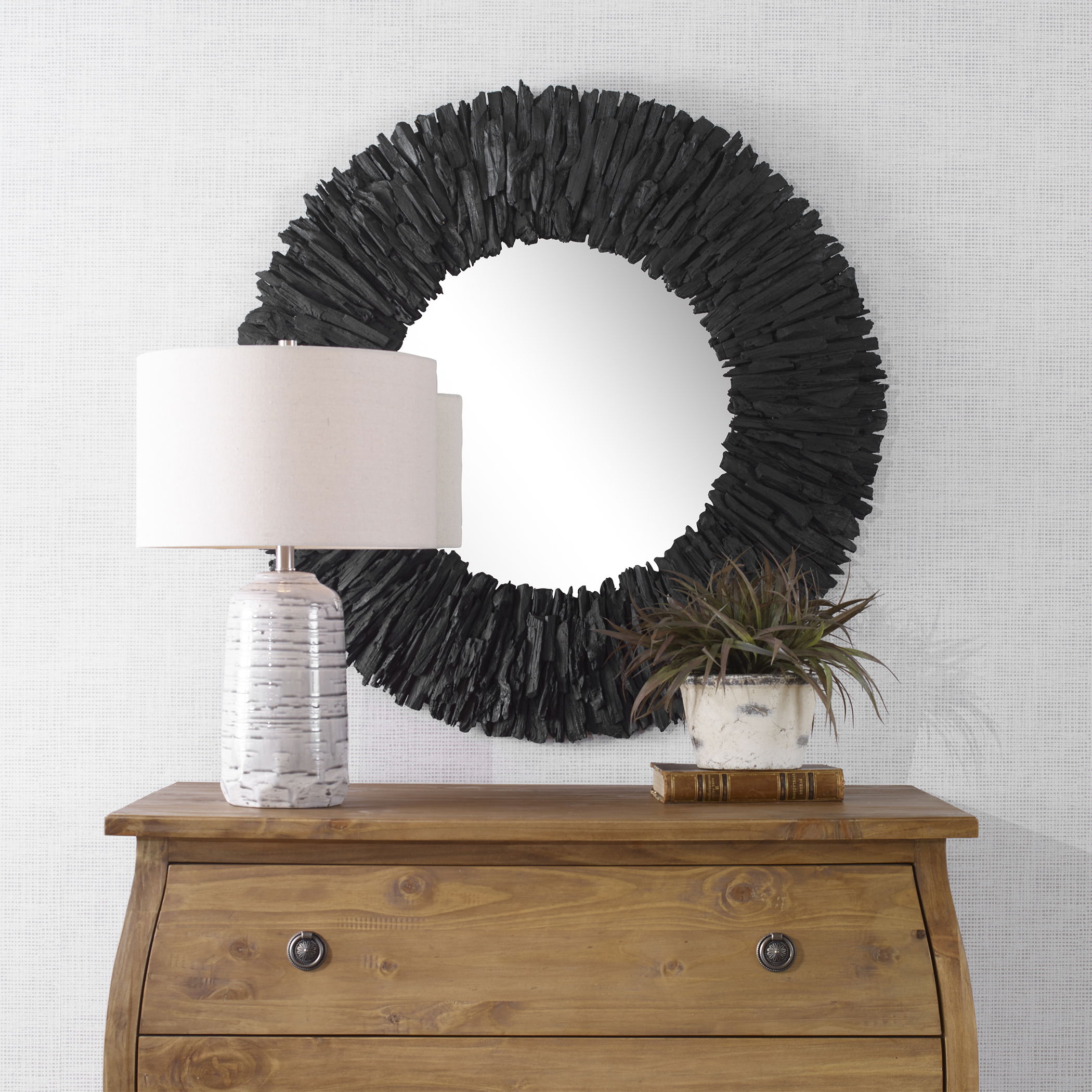 Teak Branch Black Round Mirror large image 