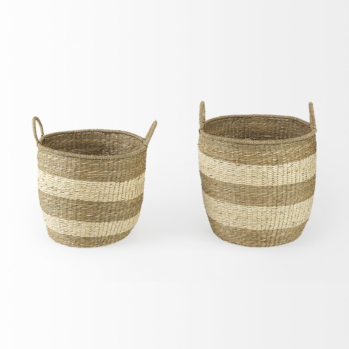 Bradley (Set of 2) Light Brown with Striped Seagrass Basket with Handles, Bins & Basket by Mercana, 18.11" length x 18.11" width x 16.14" height View 2