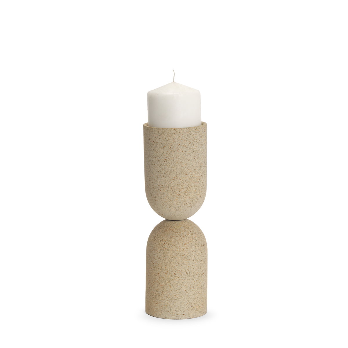 Qamra Medium Beige Textured Metal Pillar Candle Holder Candle Holder, Candles & Candle Holder by Mercana, 3.5" length x 3.5" width x 11" height View 1