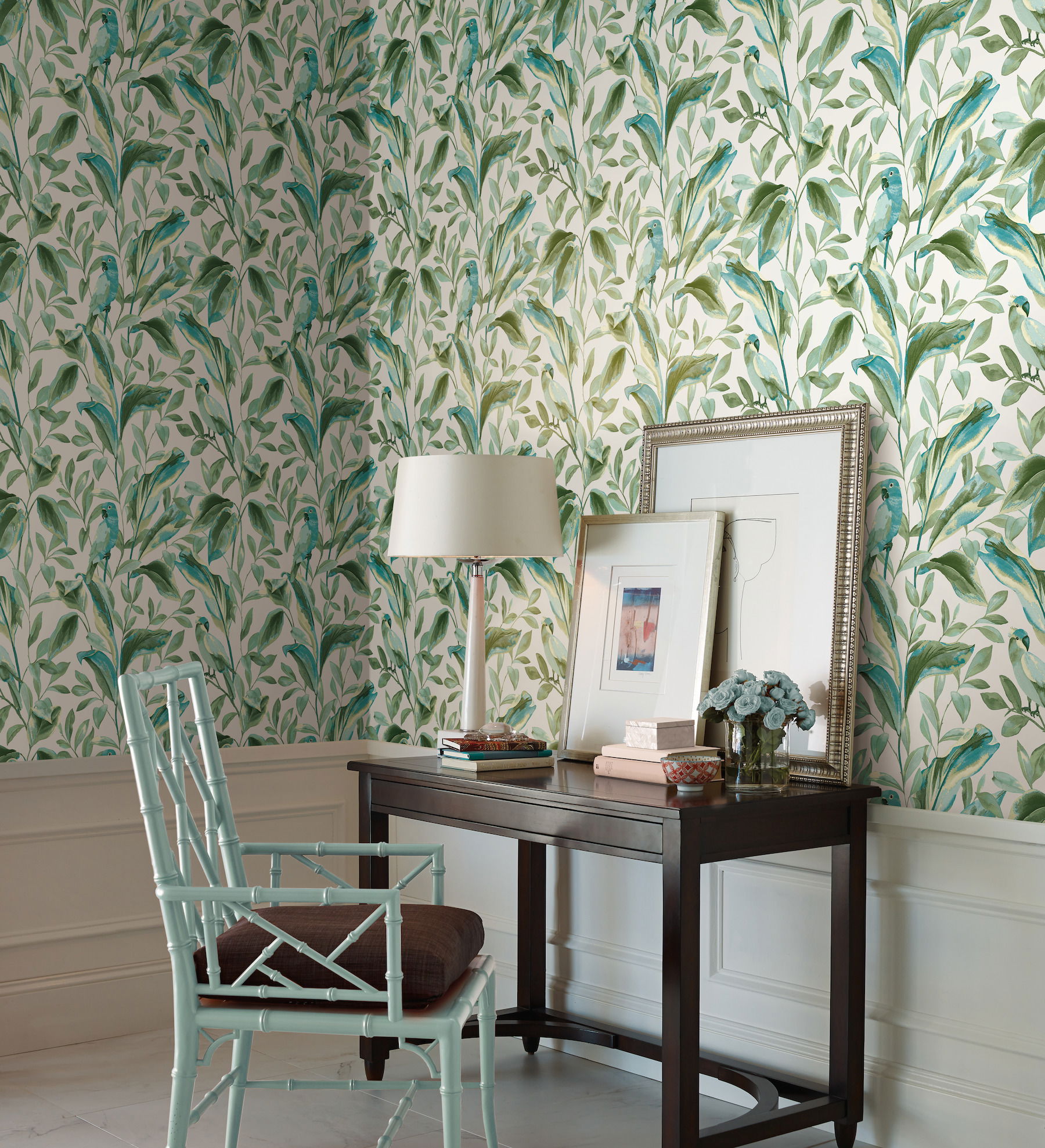 Tropical Love Birds White & Aqua Wallpaper, by York Wall, 27' length x 2'3" width x 0.02" depth View 3