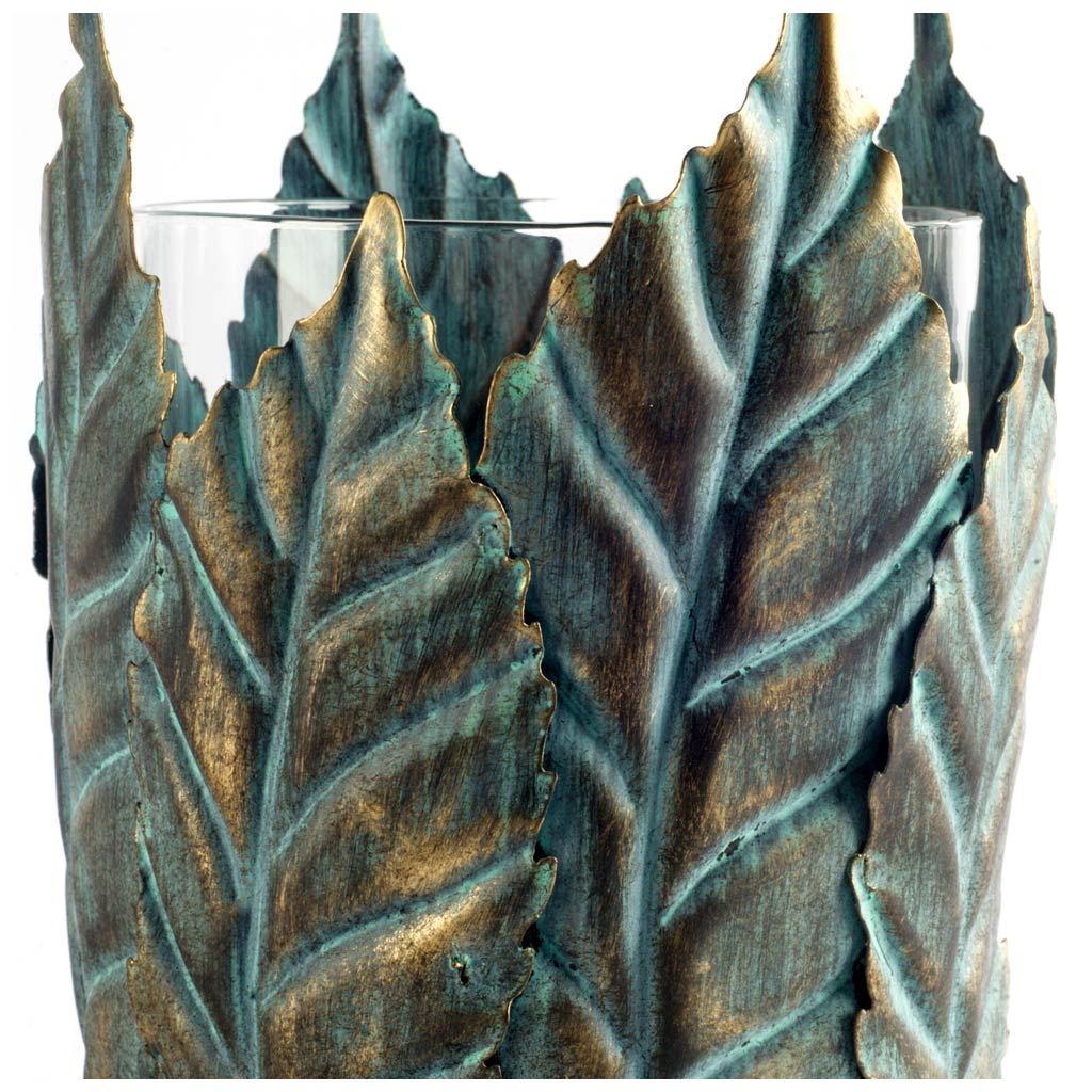 Pana I Small Green/Gold Metal Leaf Table Candle Holder, Candles & Candle Holder by Mercana, 5.32" length x 5.24" width x 7.6" height View 3