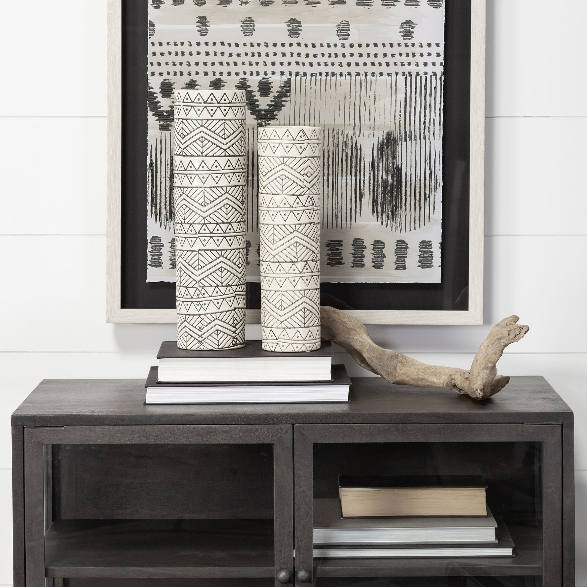 Uhura I Small Cream Black Patterned Cylindrical Vase, by Mercana, 4.13" length x 4.13" width x 13.78" height View 2