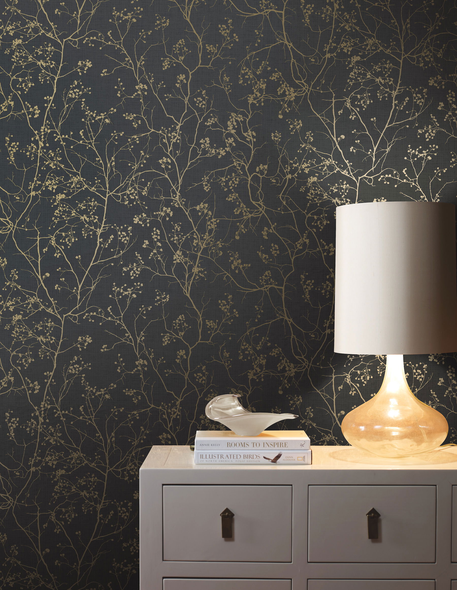Luminous Branches Black & Gold Wallpaper large image 