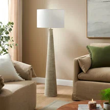 Online Designer Combined Living/Dining Saylor Carved Ribbed Wood Floor Lamp With Drum Shade in White Gray