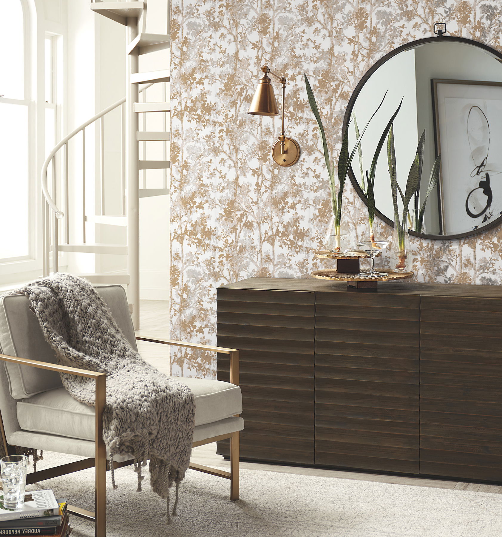 Shimmering Foliage White & Gold Wallpaper Shimmering Foliage White & Gold Wallpaper large image