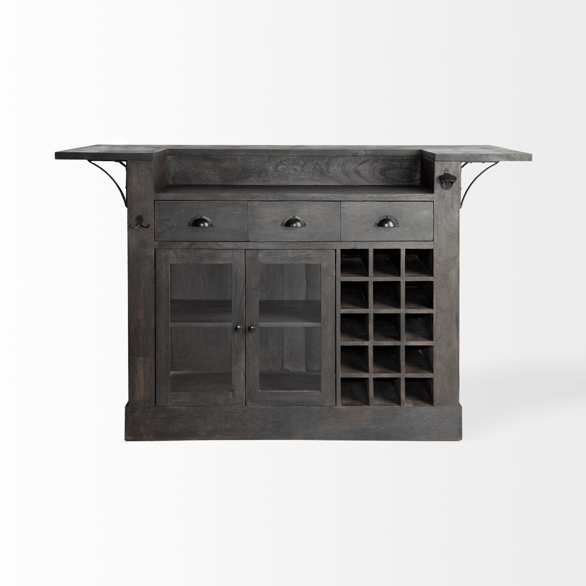Cheers Dark Brown Solid Wood  Wine Bottle Storage Kitchen Island, by Mercana, 67.75" length x 29" width x 42.5" height View 3