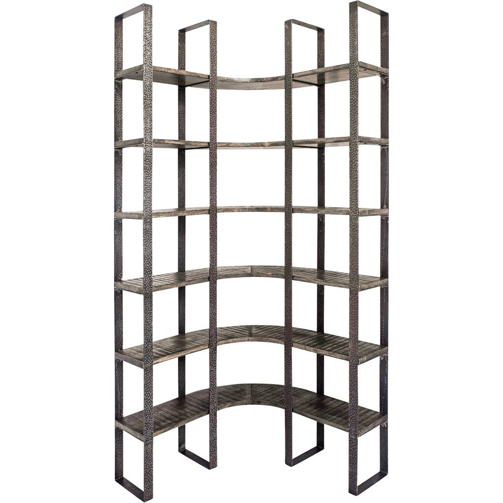 Turner I 37L x 10.5W x 90H Curved Brown Wood and Black Iron Six Shelving Unit, Shelving & Bookcase by Mercana, 36.5" length x 36.5" width x 90" height View 1