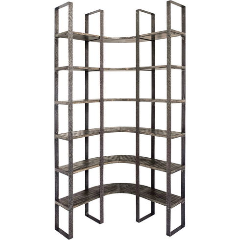 Turner I 37L x 10.5W x 90H Curved Brown Wood and Black Iron Six Shelving Unit