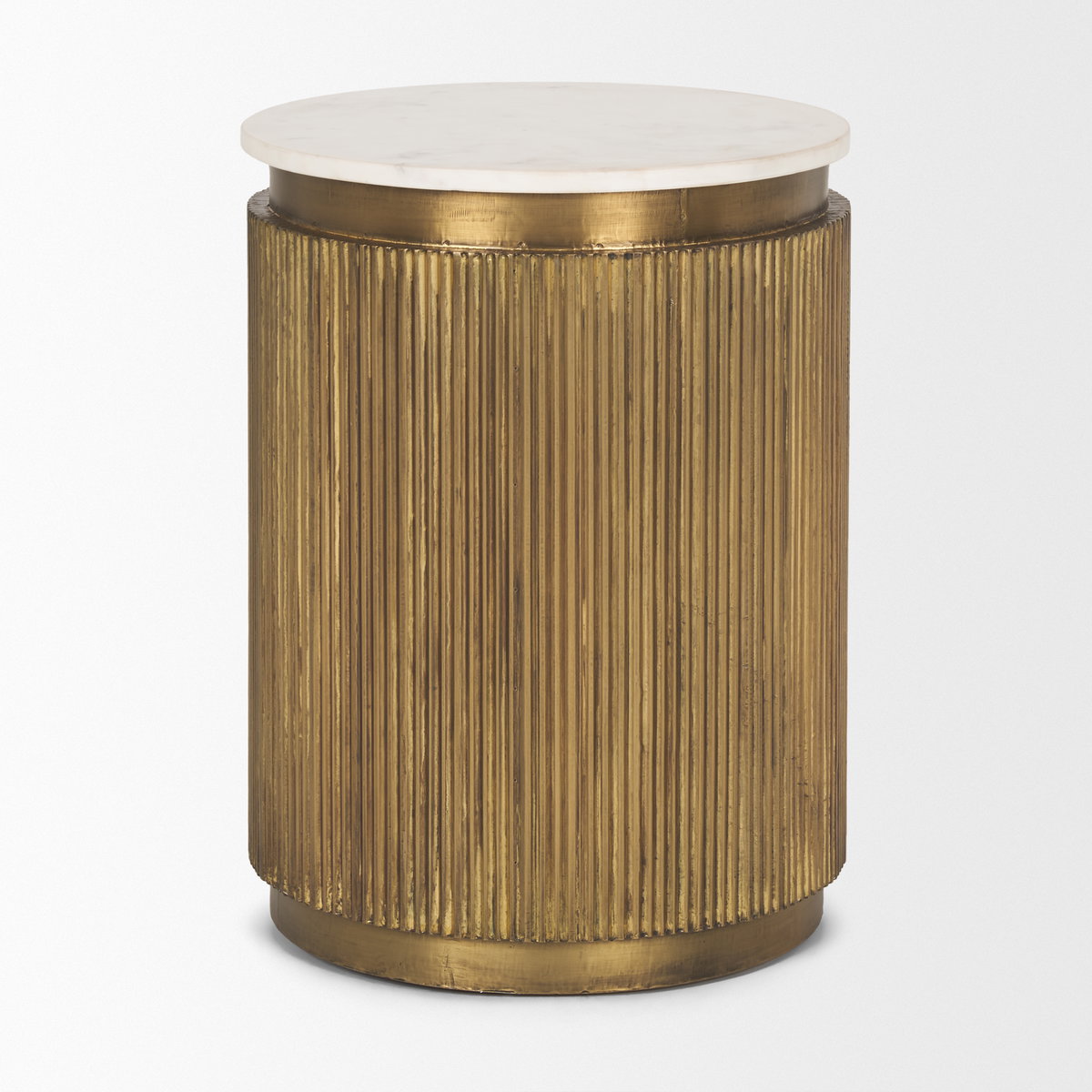 Satima White Marble with Gold Metal Round Fluted Accent Table, Side & End Table by Mercana, 16" length x 16" width x 22.25" height View 5