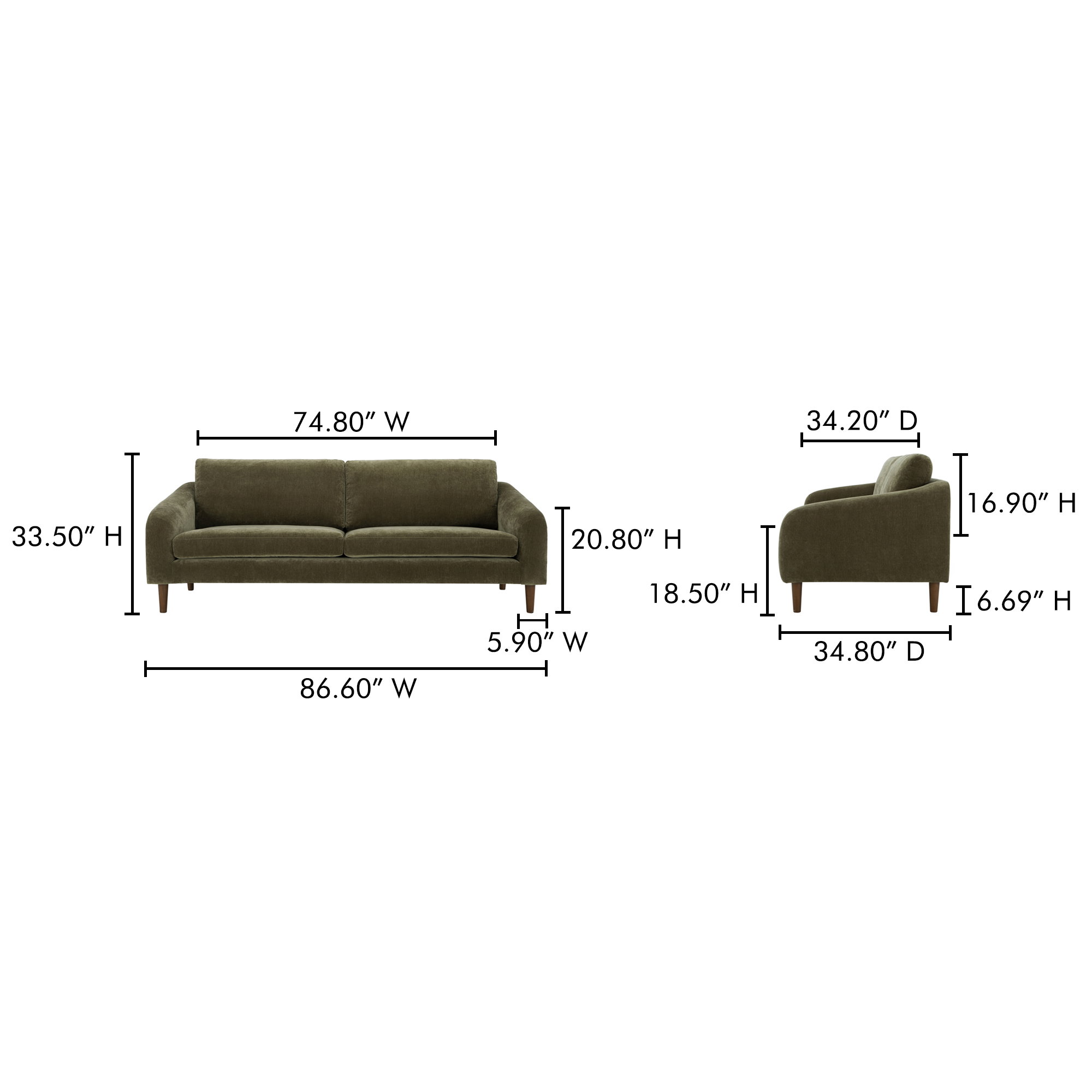 Quinn Sofa Cedar Green, Sofas & Sectional by Moe's Home, 86.6" width x 33.5" height x 34.8" depth View 8