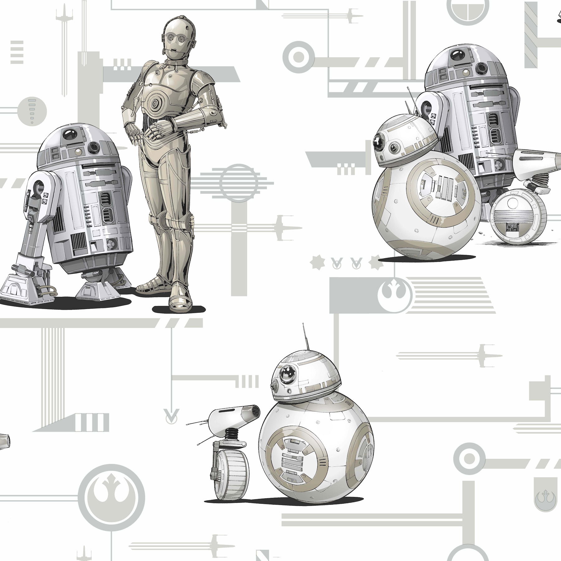 Star Wars: The Rise of Skywalker, Droids! Black & White Wallpaper, by York Wall, 33' length x 1'8.5" width x 0.02" depth View 1