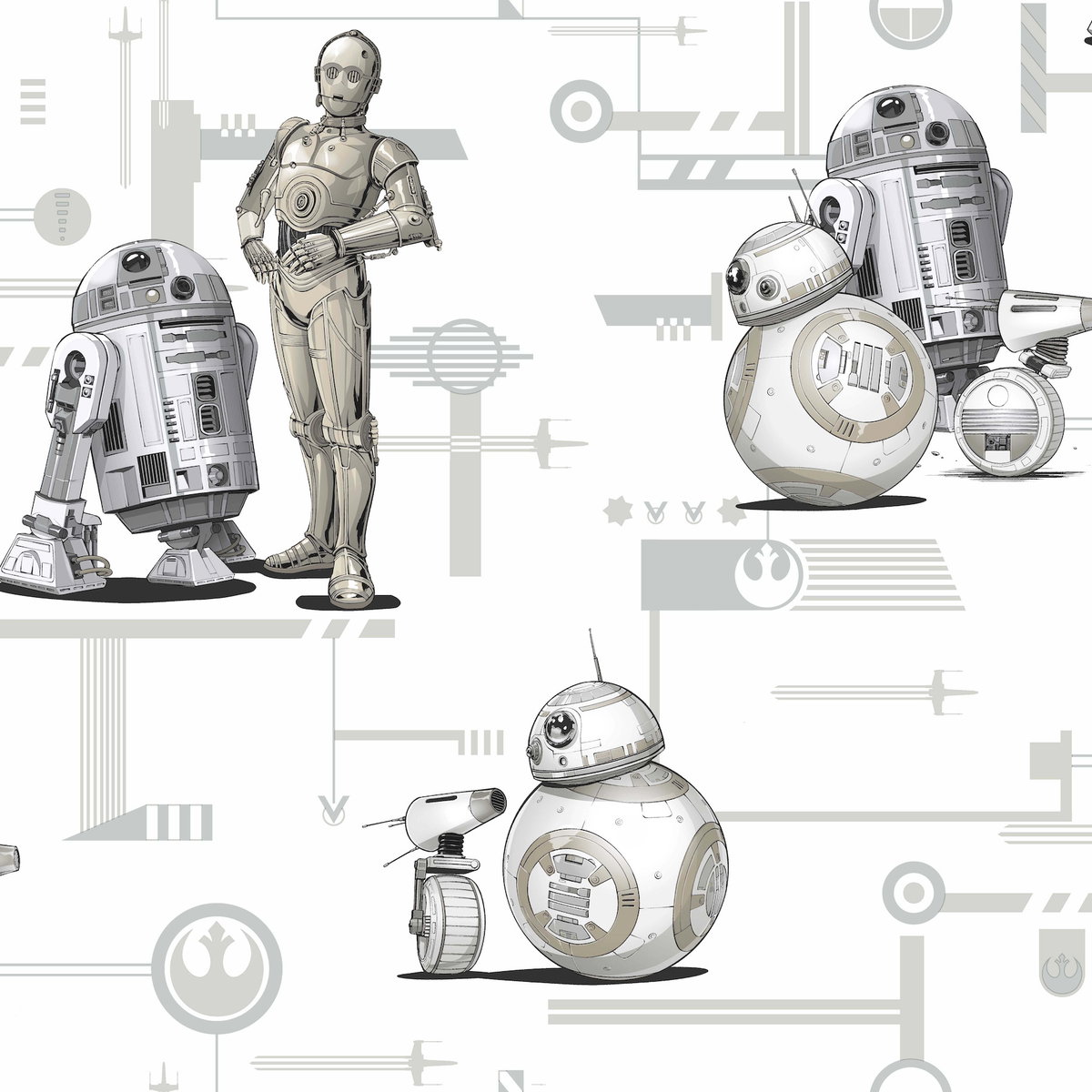 Star Wars: The Rise of Skywalker, Droids! Black & White Wallpaper, by York Wall, 33' length x 1'8.5" width x 0.02" depth