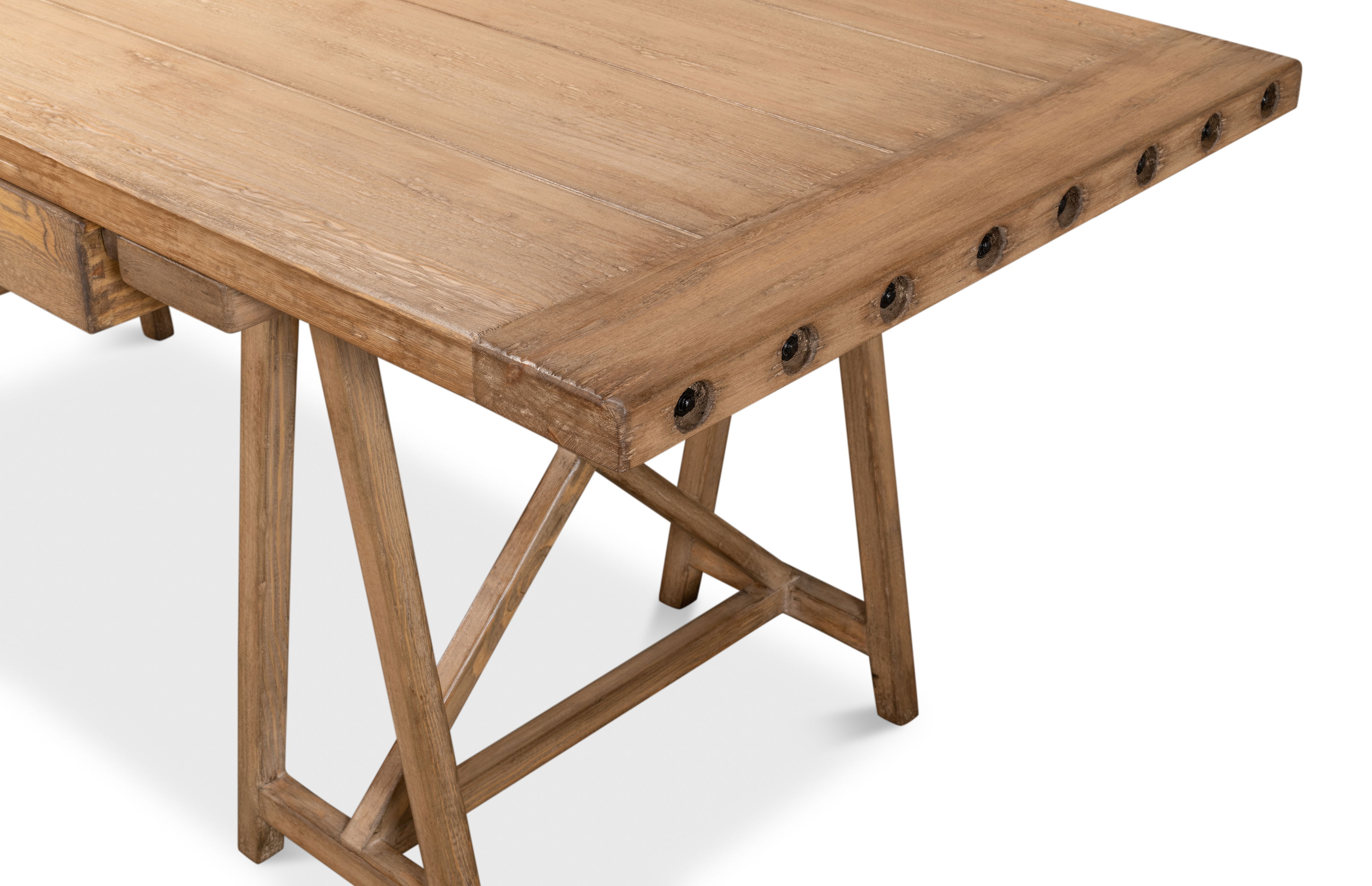 Sawhorse Desk, Natural Polished Old Pine, by Sarreid, 87" length x 33" width x 30" height View 6