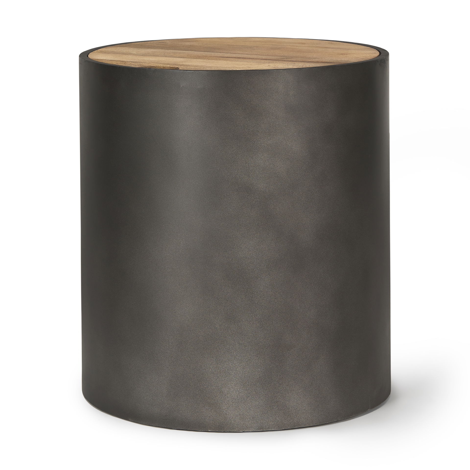 Eclipse Gunmetal Gray Drum Base with Brown Wood Top End/Side Table, Side & End Table by Mercana, 20" length x 20" width x 22.05" height View 1